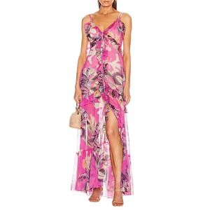 PatBO Grace Dress Fuchsia Pink Floral Ruffle Sheer Maxi Size M